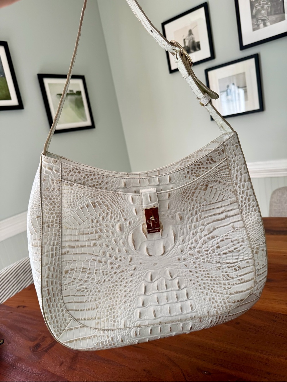 Brahmin Johanna Shoulder Bag Sugar Melbourne Leather Embossed Croc Dust Bag EXC